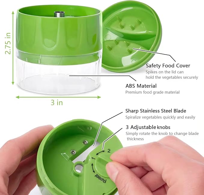3 in 1 Vegetable Spiralizer Slicer, Adjustable Zucchini Carrot Noodle Maker, Cucumber Spiral Cutter, Easy to Use Kitchen Tool（Green）