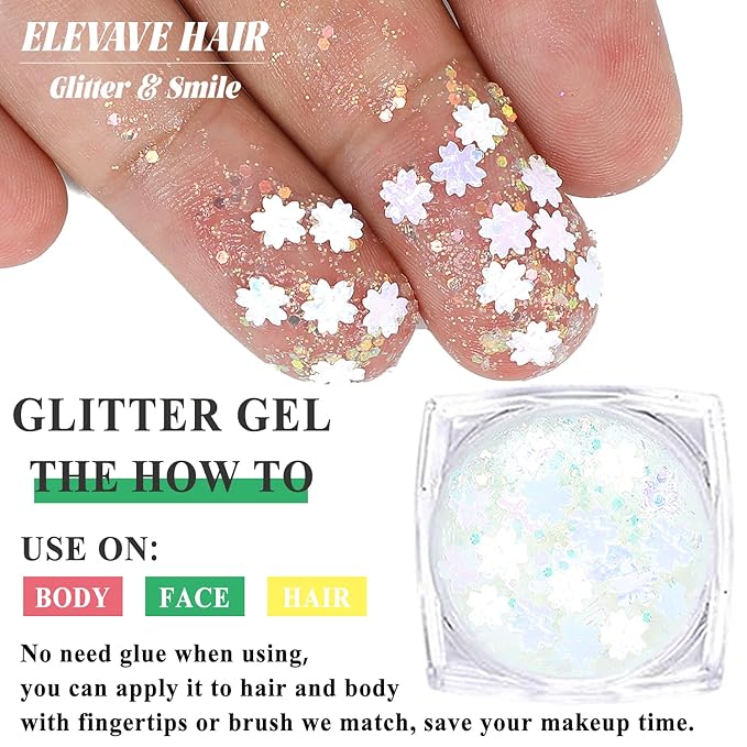 Body Glitter Face Glitter, Hair Glitter for Kids, 12 Shapes Fine Chunky Glitter Gel for Women Girls Makeup Sparkles Party Mermaid Sequins Rave Accessories Singer Concerts Festival (White Scheme)