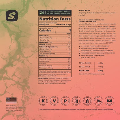 Keto Chow SALTT Electrolytes Powder Packets, Mondo Melon (30 Hydration Packets) - Magnesium, Potassium, Sodium, Trace Minerals - Vegan, Sugar Free, Gluten Free - Travel Essentials - Made in USA