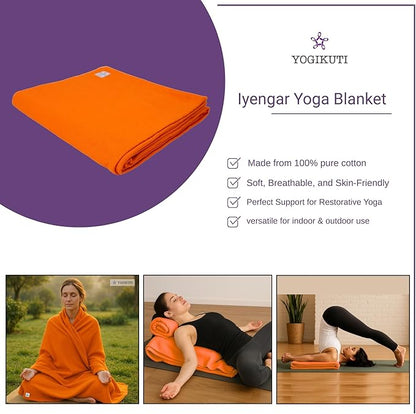 Yogikuti Iyengar Cotton Yoga Blanket Set of One – Thick Handwoven Yoga Blankets for Restorative Yoga, Meditation & Pranayama – Premium Cotton Yoga Blanket for Support & Comfort in Pranayama (Orange)