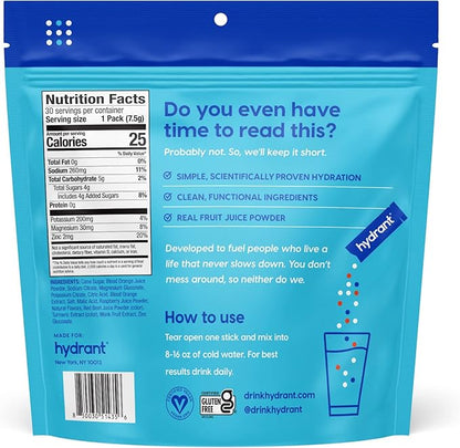 HYDRANT Hydrate, Individual Hydration Electrolyte Powder Stick Packets with No Artificial Sweeteners, Colors, or Fillers (Fruit Punch, 30 Pack)