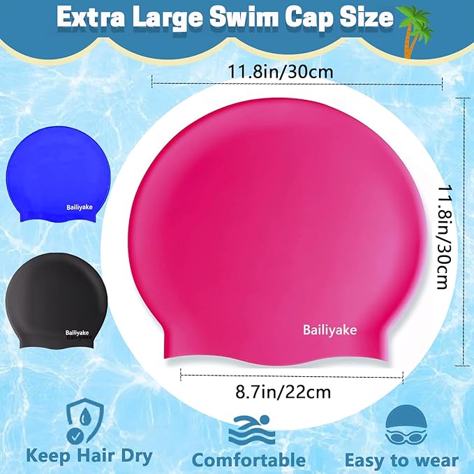 3 Pack Extra Large Swim Cap for Braids & Dreadlocks - Waterproof Silicone Swim Hat for Women with Long Thick Hair, Protective Swim Cap Cover Ears for Swimming, Shower, Bathing