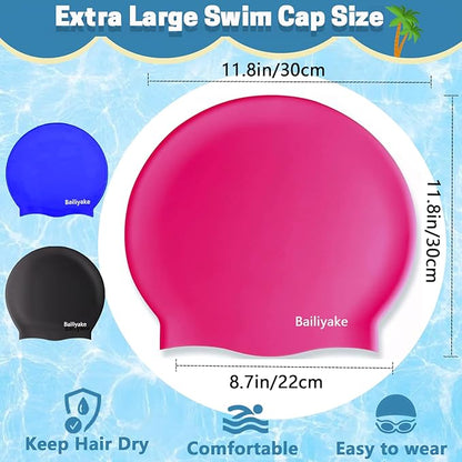 3 Pack Extra Large Swim Cap for Braids & Dreadlocks - Waterproof Silicone Swim Hat for Women with Long Thick Hair, Protective Swim Cap Cover Ears for Swimming, Shower, Bathing
