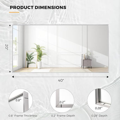 20x40 Inch Nickel Bathroom Mirror for Wall, Aluminum Frame Rectangle Rectangular Vanity Mirror, Modern Large for Bedroom, Living Room, Horizontal or Vertical