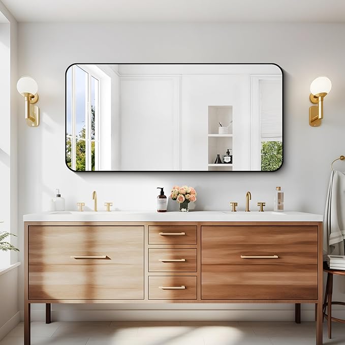 24" x 48"Bathroom Mirror, Matte Black Wall Mirror with Metal Frame, Decorative Rectangular Vanity Mirror for Bedroom Bathroom Living Room Entryway (Horizontal/Vertical)