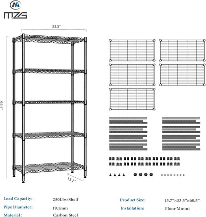 1250 lbs 5 Tier Shelf Metal Storage Shelves Shelving Wire Rack Heavy Duty Closet Organizers for Garage Kitchen Bathroom Laundry Black 15.7" D x 33.5" W x 68.5" H