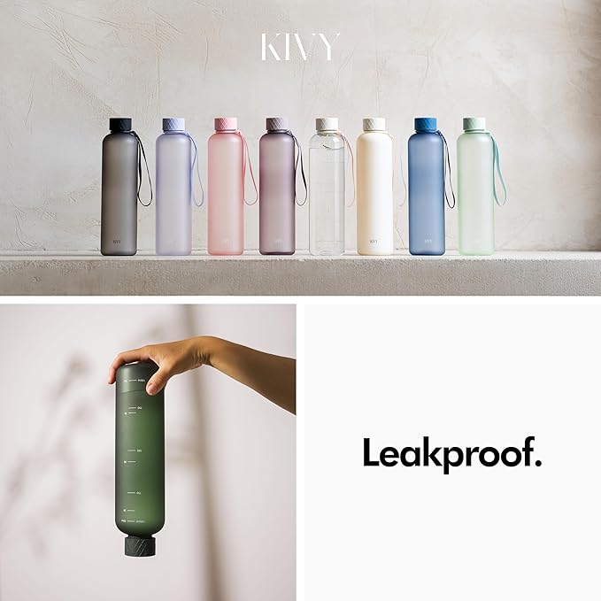KIVY Slim Water Bottle 32oz [Lightweight & Shatterproof] Fits Backpack & Cupholder for Travel, Sports, School, Gym - Dark green water bottle no straw - Gym water bottle screw top - Dishwasher Safe