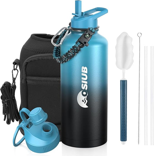 Insulated Water Bottle 87 oz, Triple Wall Vacuum Stainless Steel(Cold for 48 Hrs),Leak Proof & BPA-Free,Half Gallon Water Bottle with Reflective Paracord & Flip Straw for Sports & Travel, Indigolack