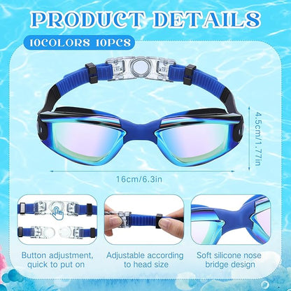 Konohan 10 Pack Swim Goggles Bulk for Kids adult Pool Goggles Anti Fog Silicone No Leak Swimming Glasses for Men Women Youth