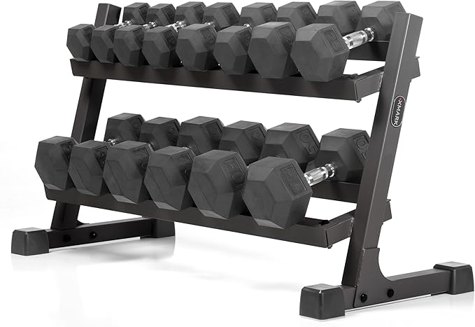 XMARK Dumbbell Set with Rack, Weights Dumbbells, Multiple Free Weights and Horizontal Storage for Home Gym Strength Training, Storage Rack Color Options