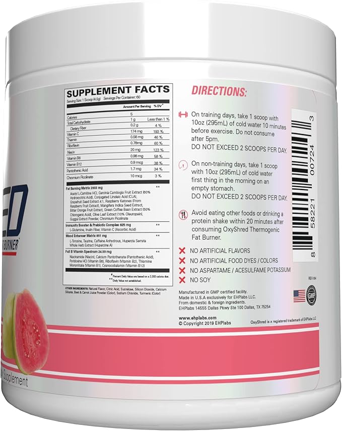 EHP Labs OxyShred Pre Workout Powder & Shredding Supplement - Preworkout Powder with L Glutamine & Acetyl L Carnitine, Energy Boost Drink - Guava Paradise, 60 Servings