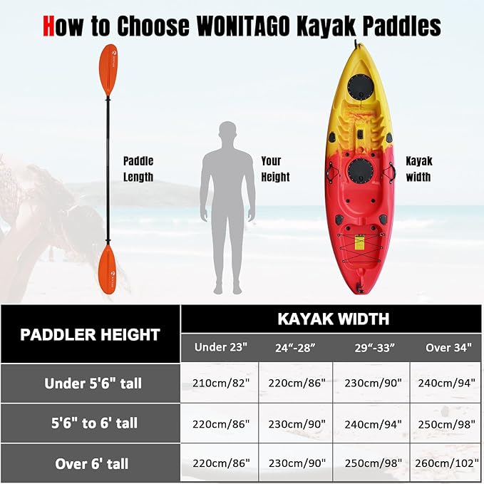 Kayak Paddle with Aluminum Shaft and Reinforced PP Blade, Floating Kayak Oar for Kayaking Canoeing and Boating, 220 cm/86 inches - 230 cm/90 inches
