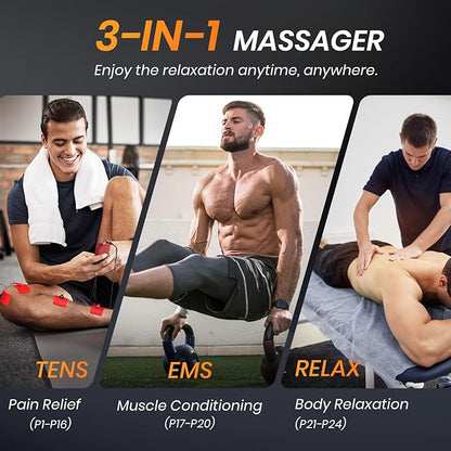 Dual Channel TENS Unit Muscle Stimulator, 3-in-1 EMS TENS Machine with 24 Modes & 40 Levels, Rechargeable EMS Massager for Neck, Shoulder, Sciatica & Back Pain Relief with 12 Pads, EVA Case