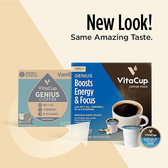 Genius Vanilla Keto Coffee Pods by VitaCup w/MCT Oil, Turmeric, B Vitamins, & D3 for Energy & Focus in Recyclable Single Serve Pod Compatible with K-Cup Brewers Including Keurig 2.0, 32 CT