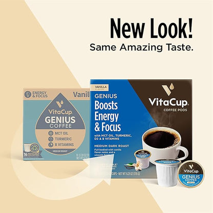 Genius Vanilla Keto Coffee Pods by VitaCup w/MCT Oil, Turmeric, B Vitamins, & D3 for Energy & Focus in Recyclable Single Serve Pod Compatible with K-Cup Brewers Including Keurig 2.0, 32 CT