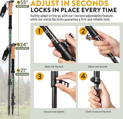 100% Carbon Fiber Trekking Poles by USA Brand - Ultra Strong Lightweight Collapsible Hiking Poles with Cork and EVA Foam Grips & Quick Adjustable Flip Locks