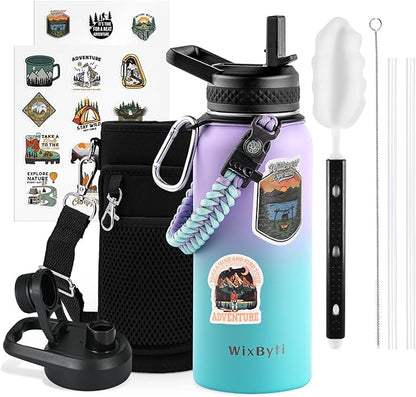 32 oz Insulated Water Bottle with Straw (Cold for 48 Hrs), Stainless Steel Triple Wall Vacuum Sports Water Jug, Leakproof Hydro Cup Flask with Paracord Handle & Straw Spout Lids & DIY Stickers