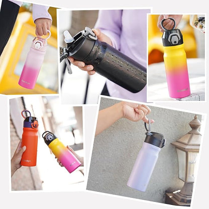 Insulated Water Bottle with Straw and Carry Loop,18 oz Stainless Steel Double Wall Vaccum Metal Water Flask with Leak-proof Lid,Orange