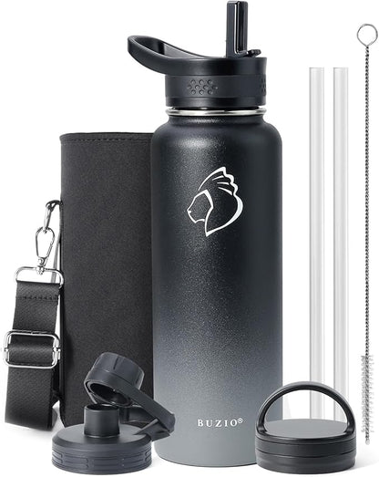 BUZIO 40 oz Water Bottle Insulated with Straw & 3 lid and Carrying Pouch, Leak Proof Anti-Slip Stainless Steel Water Flask Jug, Cold for 48 Hrs Double Vacuum Thermo Canteen, BPA-Free, Shadow