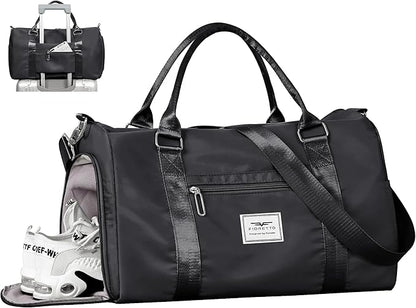 FIORETTO Womens Gym Tote Duffle Bag with Wet Pocket & Shoe Compartment, Sports Duffel Overnight Weekender Hospital Workout Carry on Bag for Girls, Ideal for Travel, Swimming, Dance, Ballet Black