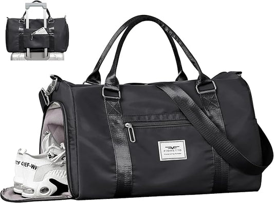 FIORETTO Womens Gym Tote Duffle Bag with Wet Pocket & Shoe Compartment, Sports Duffel Overnight Weekender Hospital Workout Carry on Bag for Girls, Ideal for Travel, Swimming, Dance, Ballet Black