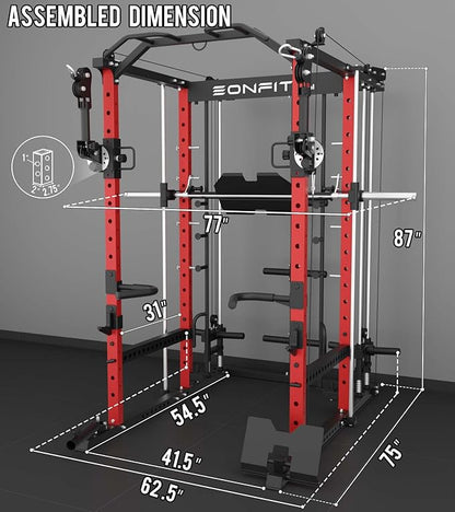 Eonfit E5 Smith Machine with Vertical Leg Press, Power Cage Squat Rack with LAT-Pull Down Cable Crossover Rotating Arms System Home Gym Equipment All in One (E5 RED)