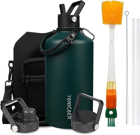 Insulated Water Bottle 64oz,Triple Wall Vacuum Stainless Steel(Dishwasher Safe),Leak Proof & Non-BPA,Flask Jug with Paracord Handle & Straw Spout Lids Sports