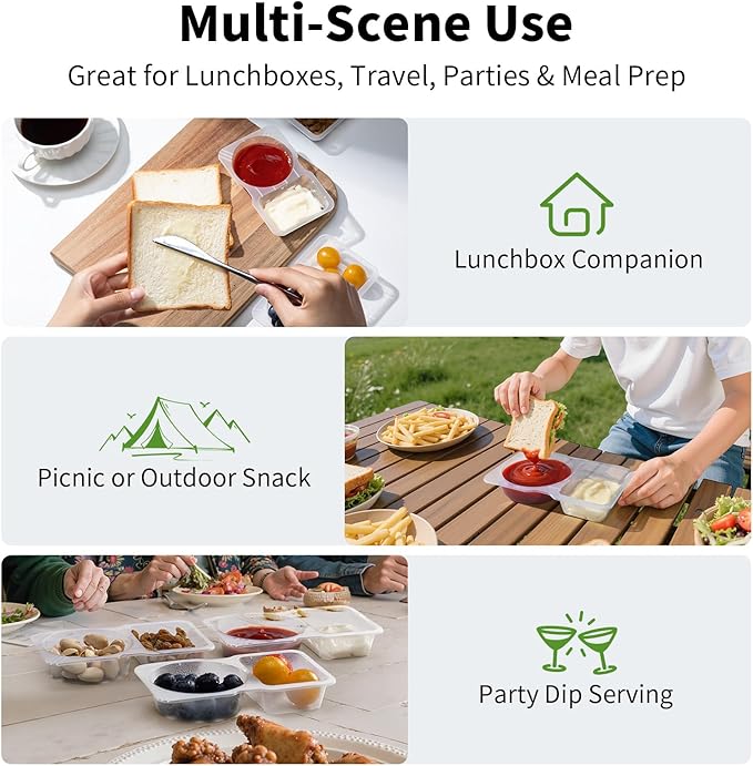 20 Sets Reusable Snack Containers with Lids & 20 Sporks – Double Compartment for Portion Control, BPA-Free Leak-Proof Dipping Containers for Meal Prep, Travel, and Outdoor Snacks (Clear)