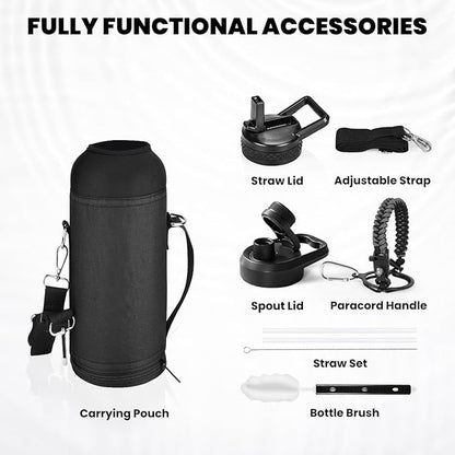 Insulated Water Bottle 40 oz, Triple Wall Vacuum Stainless Steel (Cold for 48 Hrs), Leak Proof & Non-BPA, Modern Water Flask Jug with Paracord Handle & Straw Spout Lids, Dark Grey