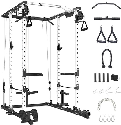 GaveeLife Power Cage, 2000 LBS Power Rack with Cable Cross-Over System, Multi-Functional Strength Training Squat Rack with LAT Pull Down System, Home Gym Equipment with Training Attachment, Red