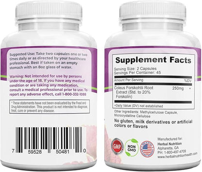 Forskolin for Weight Loss, 250mg-500mg Max Strength Forskolin Two Pack 90 Count Bottles, 20% Extract of Pure Forskolin, Ideal Diet and Athletes Formula!