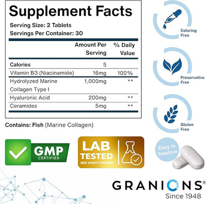 Hyaluronic Acid Supplements 200mg - Marine Collagen Peptides, Vitamin B3 Niacinamide, Ceramides Supplement - Deep Hydration & Anti-Aging Skin Care Complex for Women and Men - 60 Foil Sealed Tablets