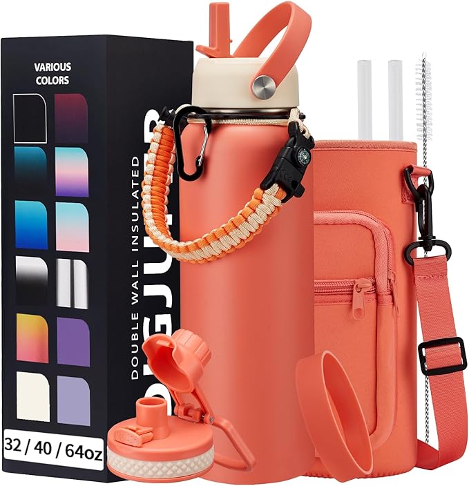 40 oz Stainless Steel Water Bottles with Straw and Auto Spout Lids, Wide Mouth Metal Thermo Bottles for Gym, Leak Proof & BPA-Free Water Flask Jug with Paracord Handle & Carrier Bag with Strap