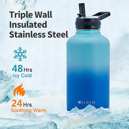 64 oz Insulated Water Bottle with Straw (Cold for 48 Hrs), Half Gallon Stainless Steel Triple Wall Vacuum Sports Water Jug, Leakproof Hydro Cup Flask with Straw Spout Lids & DIY Stickers