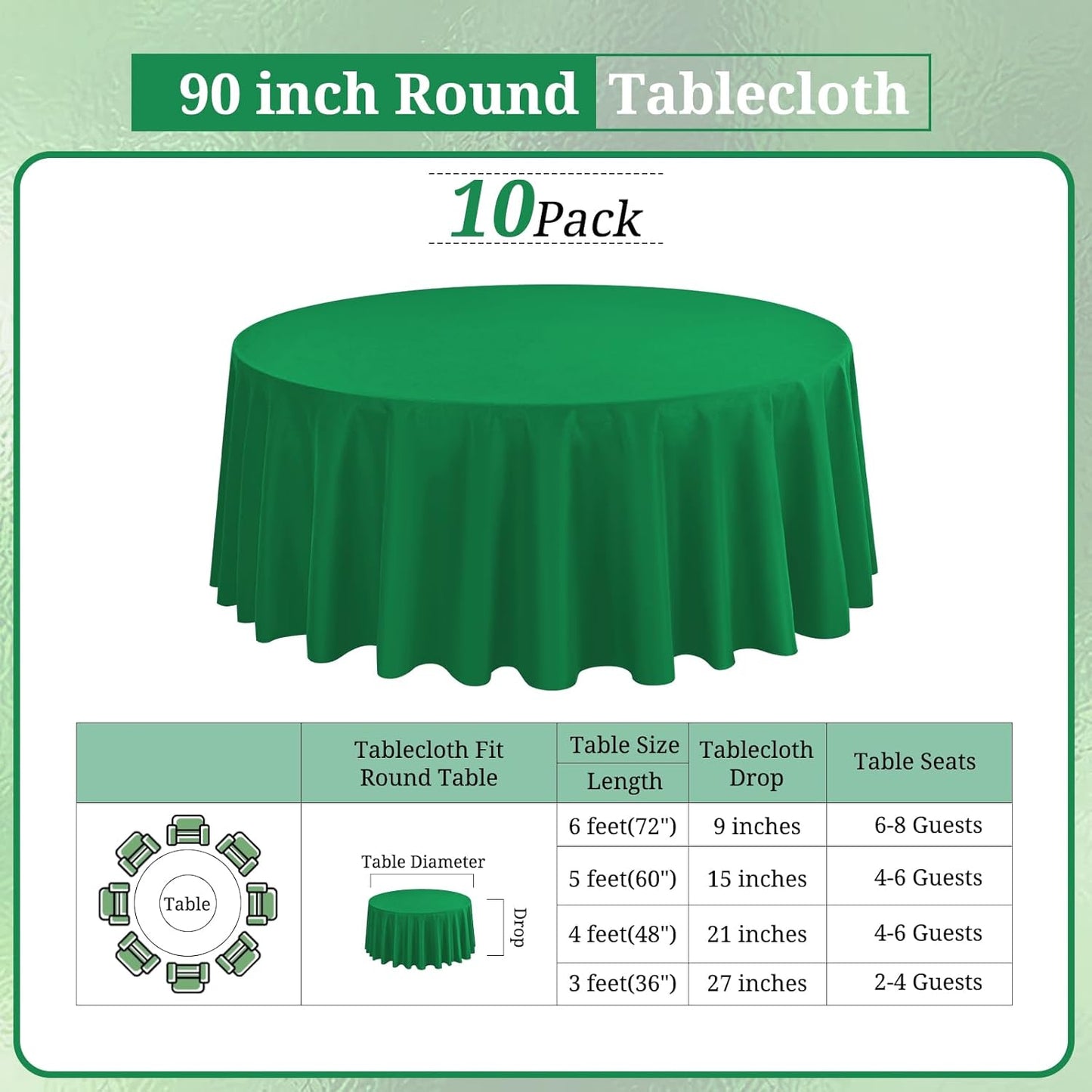 10 Pack Green Round Tablecloths - 90 Inch, Polyester Table Cover, Stain and Wrinkle Resistant Washable Fabric Table Cloth for Wedding Banquet Parties