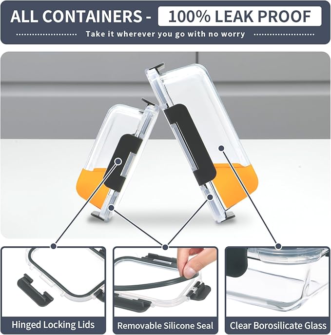 12 Pack Glass Food Storage Containers, Glass Storage Containers with Lids for Meal Prep, Lunch, Airtight, Freezer to Microwave Safe (12 Lids & 12 Containers)