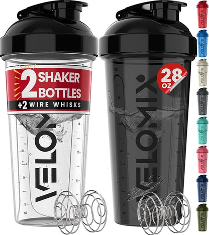 '-2 Pack- 28 oz Protein Shaker Bottles for Protein Mixes - 2x Wire Whisk | Leak Proof Shaker Cups for Protein Shakes | Protein Shaker Bottle Pack (Black/Transparent)