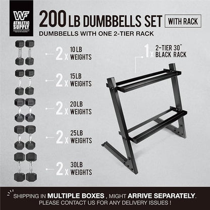 WF Athletic Supply 200Lb Dumbbell Set, 10-30Lb Dumbbell Set with Two-Tier Storage Rack for Muscle Toning, Strength Building & Weight Loss - Multiple Choices Available