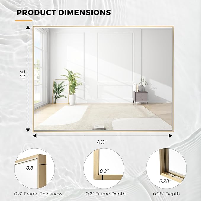 30x40 Inch Brass Bathroom Mirror for Wall, Aluminum Frame Rectangle Rectangular Vanity Mirror, Modern Large for Bedroom, Living Room, Horizontal or Vertical