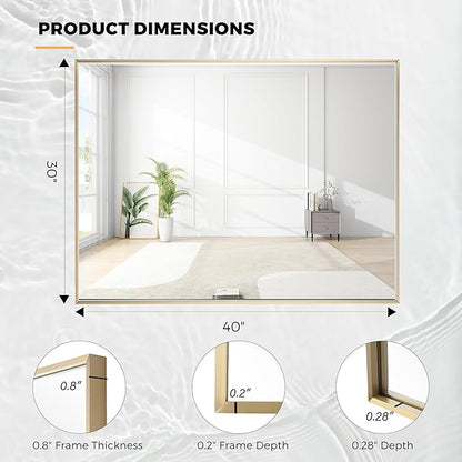 30x40 Inch Brass Bathroom Mirror for Wall, Aluminum Frame Rectangle Rectangular Vanity Mirror, Modern Large for Bedroom, Living Room, Horizontal or Vertical