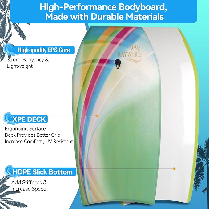 Body Board Lightweight with EPS Core, HDPE Slick Bottom, Leash & Adjustable Wrist Rope, Great Surfing for Kids and Adults