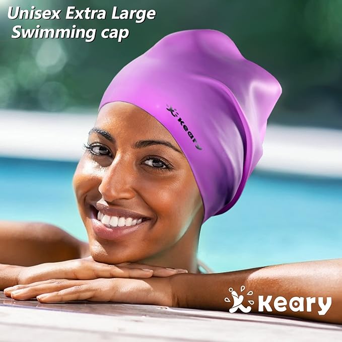 Keary Extra Large Swim Cap for Braids and Dreadlocks Extensions Weaves Long Hair, Waterproof Silicone Cover Ear Bath Pool Shower Swimming Cap for Adult Youth to Keep Hair Dry, Easy to Put On and Off