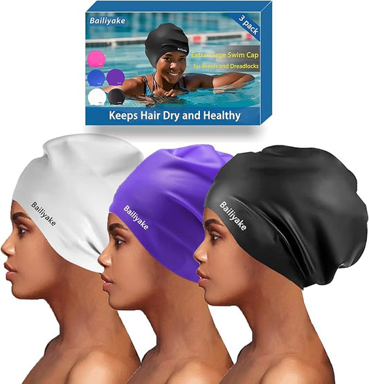 3 Pack Extra Large Swim Cap for Braids & Dreadlocks - Waterproof Silicone Swim Hat for Women with Long Thick Hair, Protective Swim Cap Cover Ears for Swimming, Shower, Bathing