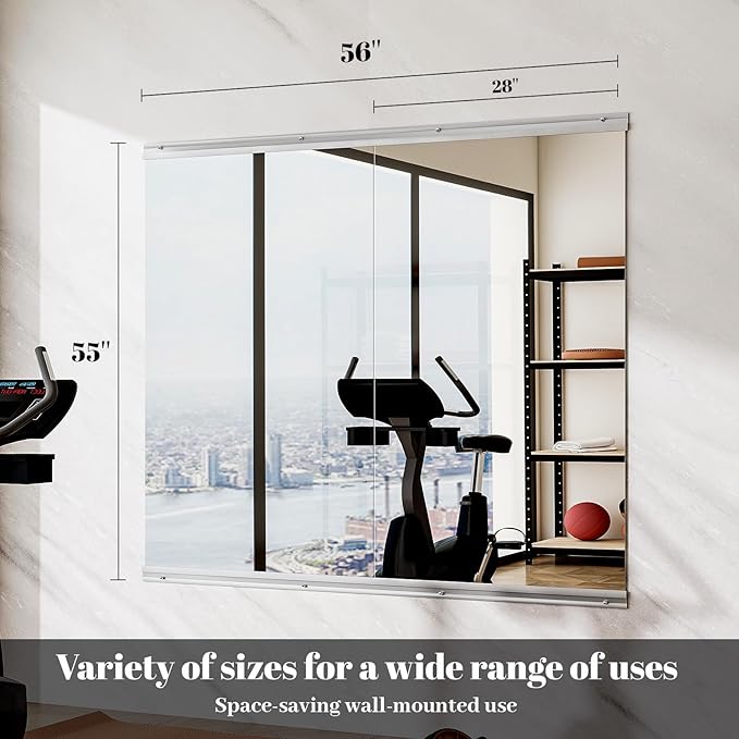 Home Gym Mirror - 2 PCS 28×55 inches, Large Frameless Wall Mounted Full Length Body Mirror for Dancing Studio, Exercise, Fineness, Yoga, Tempered Glass