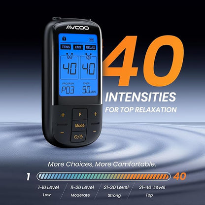 3-in-1 TENS Unit with 32 Modes, Dual Channel EMS Muscle Stimulator with 40 Intensities for Gradual Pain Relief Therapy, Rechargeable Electronic Pulse Massager with 12 Electrode Pads, EVA Case