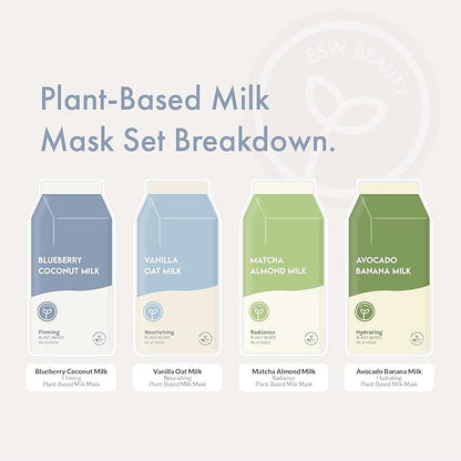 ESW Beauty Plant-Based Milk Face Masks - 4-Pack Variety Set - Hydrating, Radiance, Firming & Soothing with Avocado, Matcha, Blueberry, Vanilla & Oat Extracts for All Skin Types