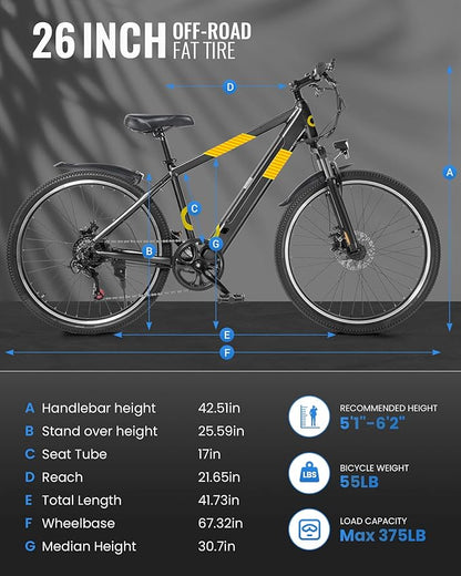 Electric Bike for Adults,26" E-Bike with 700W Peak Motor 21-Speed,Up to 50 Miles Removable Battery,Front Fork Suspension Dual Disc Brakes,Ebikes for Adults Commute Mountain All Terrain