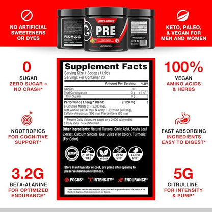 Honey Badger Pre Workout Powder, Keto Vegan Preworkout for Men & Women, Beta Alanine & Caffeine, Sugar Free Natural Energy Supplement, Fruit Punch (High-Stim)
