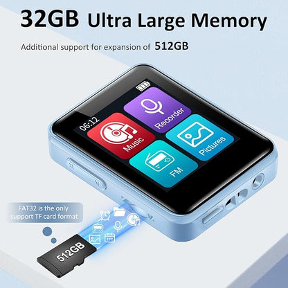 32GB MP3 Player for Kids, 1.8 inch Portable Small Music Bluetooth MP3 Player with Speaker, FM Radio, Voice Recorder, Alarm Clock, Stopwatch, Up to 512GB(Blue)