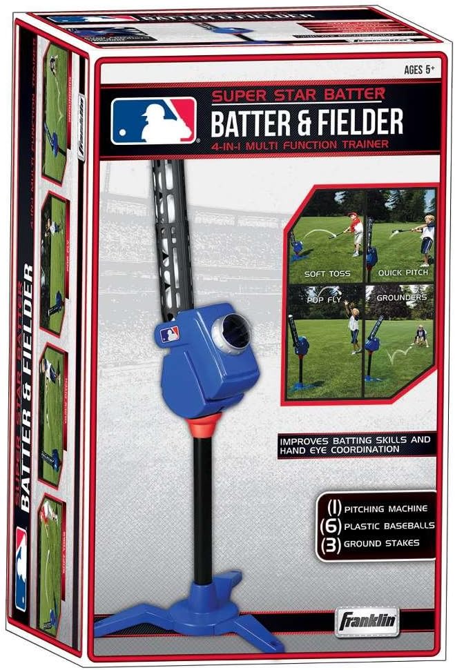 Franklin Sports Baseball Pitching Machine - Adjustable Baseball Hitting & Fielding Practice Machine For Kids - with 6 Baseballs - Great For Practice,Blue, Small